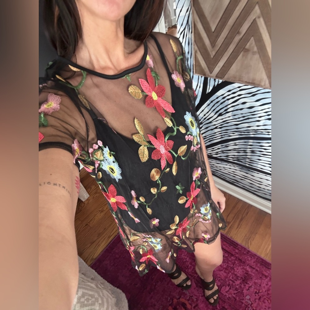 Sheer Black Floral Embroidered Dress - Picture 1 of 3